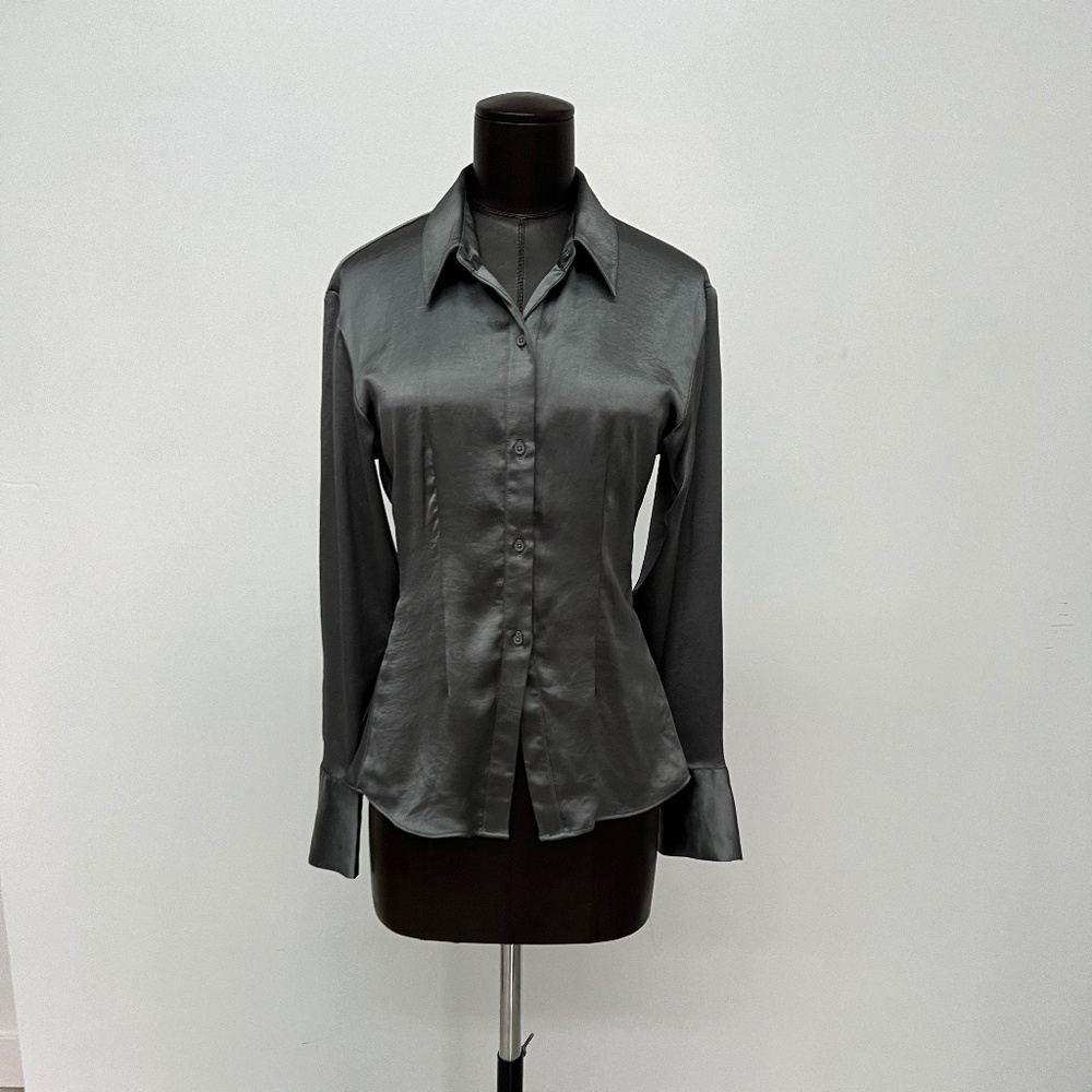 Charcoal Gray Satin Button-Up Blouse | Polished Workwear Staple